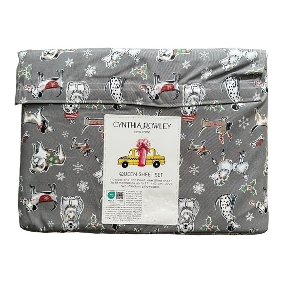 Cynthia Rowley Queen Sheet Set Holiday Christmas Dog Print - Picture 2 of 6
